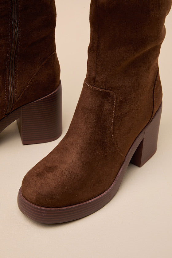 Go Girl Brown Suede Platform Knee High Boots