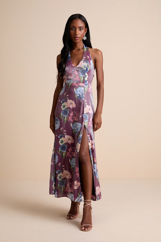 Liviana Dark Purple Floral Halter Maxi Dress