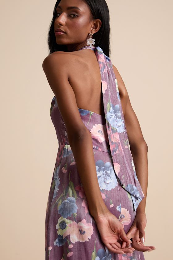 Liviana Dark Purple Floral Halter Maxi Dress
