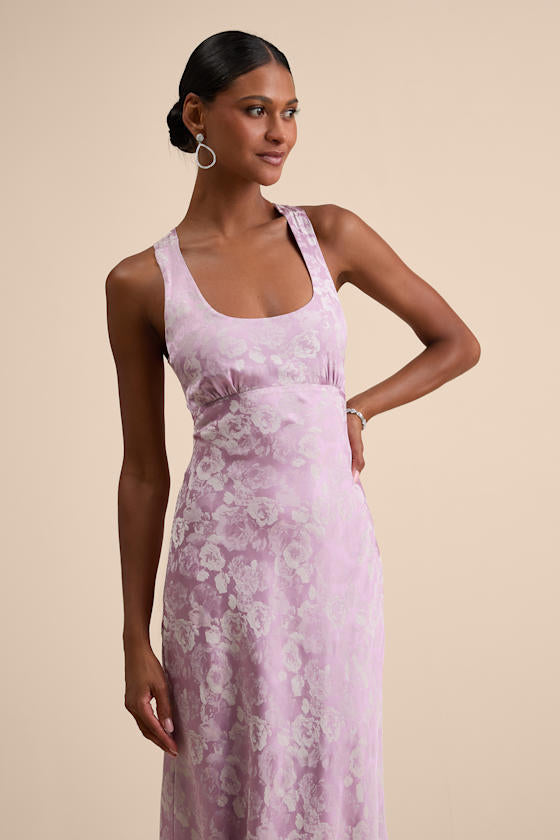 Liliya Lavender Satin Jacquard Backless Maxi Dress