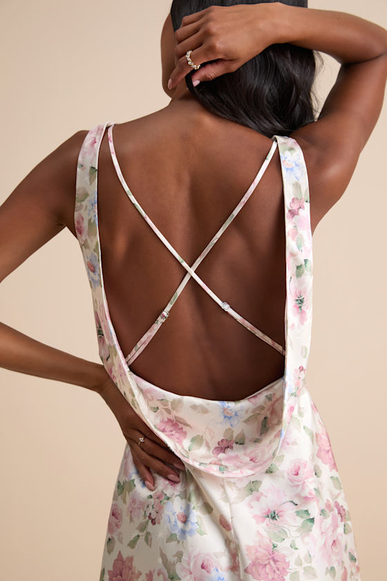 Coralise Cream Floral Satin Cowl Back Mini Dress