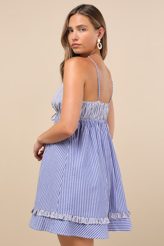 Lelina Blue Striped Tie-Front Babydoll Mini Dress