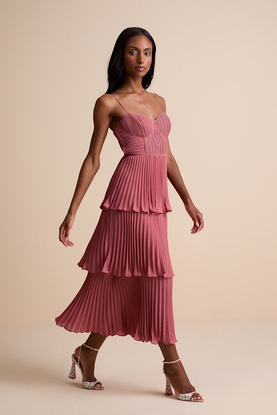 Cascading Crush Rusty Rose Tiered Bustier Midi Dress