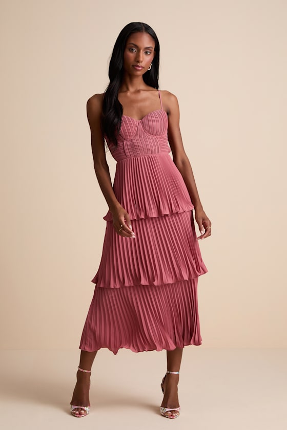 Cascading Crush Rusty Rose Tiered Bustier Midi Dress