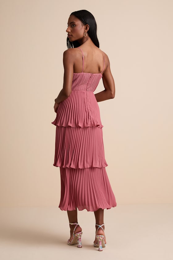 Cascading Crush Rusty Rose Tiered Bustier Midi Dress