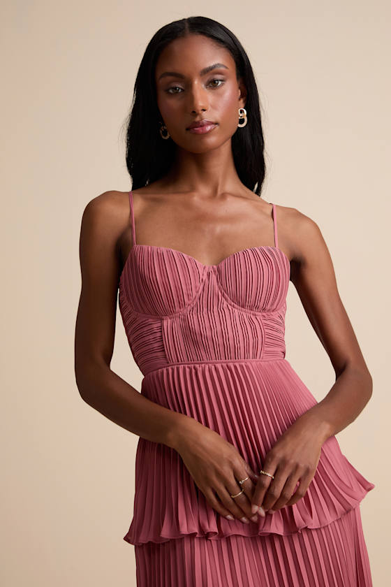 Cascading Crush Rusty Rose Tiered Bustier Midi Dress