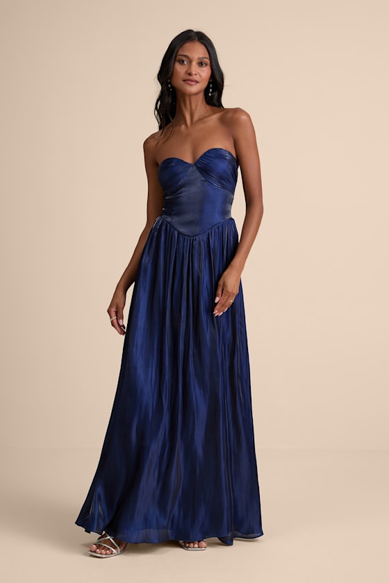 Kylin Navy Satin Basque Waist Maxi Dress
