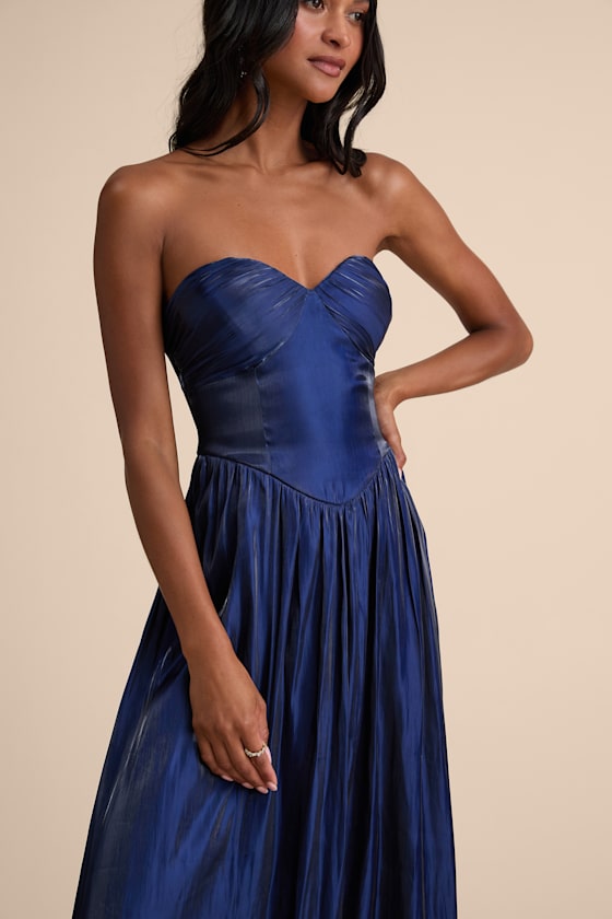 Kylin Navy Satin Basque Waist Maxi Dress