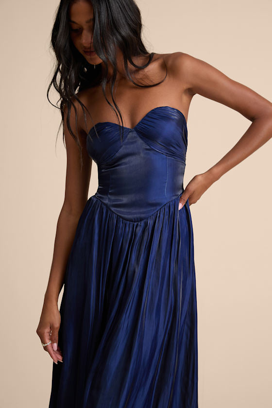 Kylin Navy Satin Basque Waist Maxi Dress