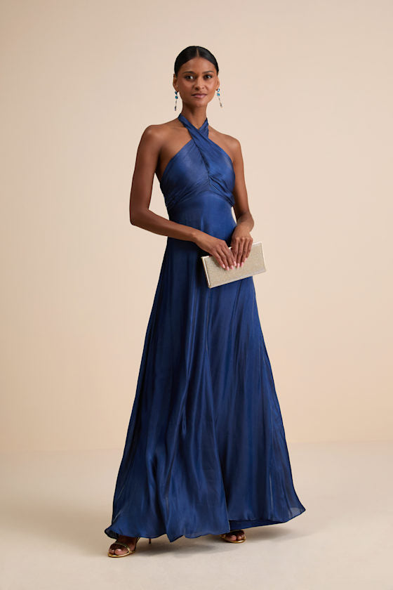 Canley Blue Satin Cross-Front Halter Maxi Dress