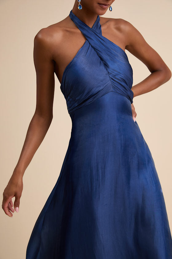 Canley Blue Satin Cross-Front Halter Maxi Dress