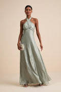 Canley Sage Satin Cross-Front Halter Maxi Dress
