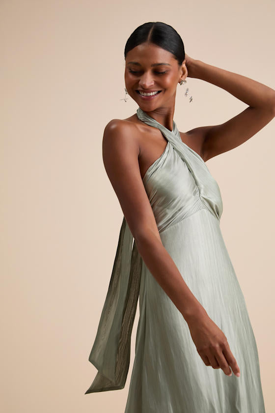 Canley Sage Satin Cross-Front Halter Maxi Dress