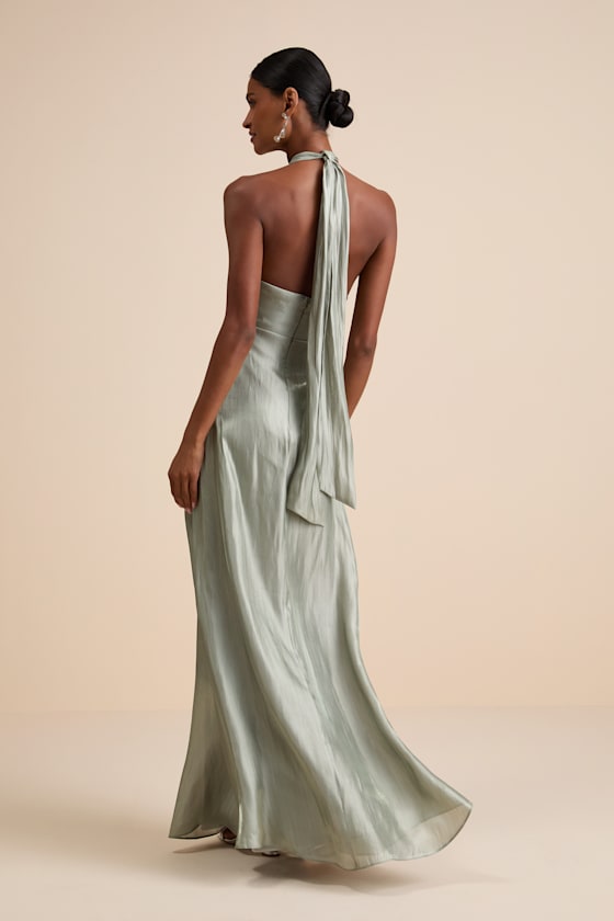 Canley Sage Satin Cross-Front Halter Maxi Dress
