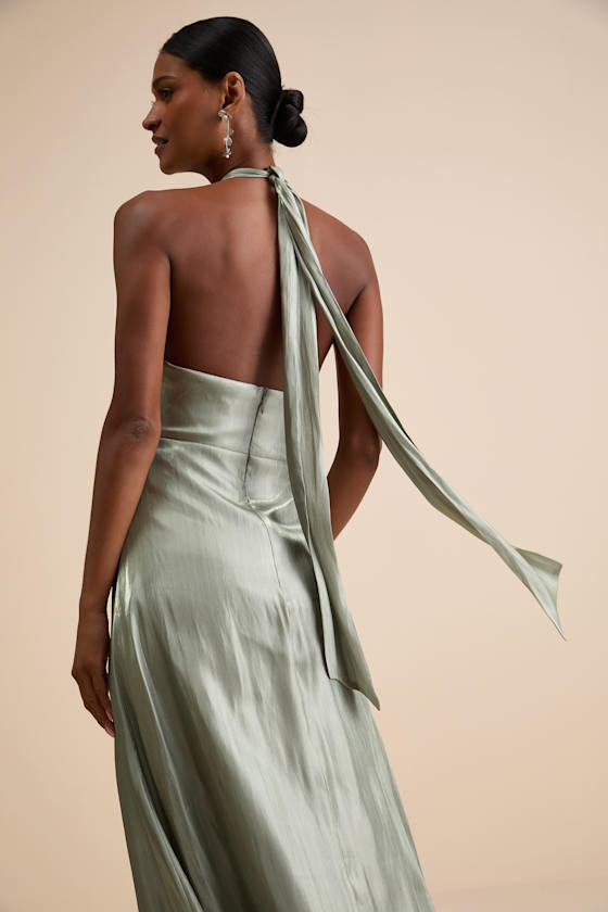Canley Sage Satin Cross-Front Halter Maxi Dress