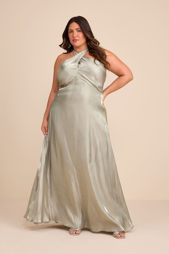 Canley Sage Satin Cross-Front Halter Maxi Dress