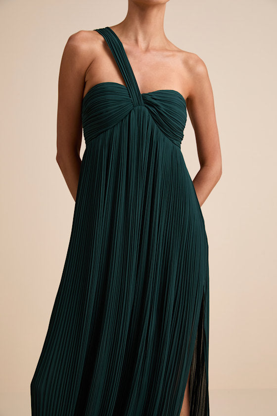 Cayton Emerald Pleated One-Shoulder Maxi Dress