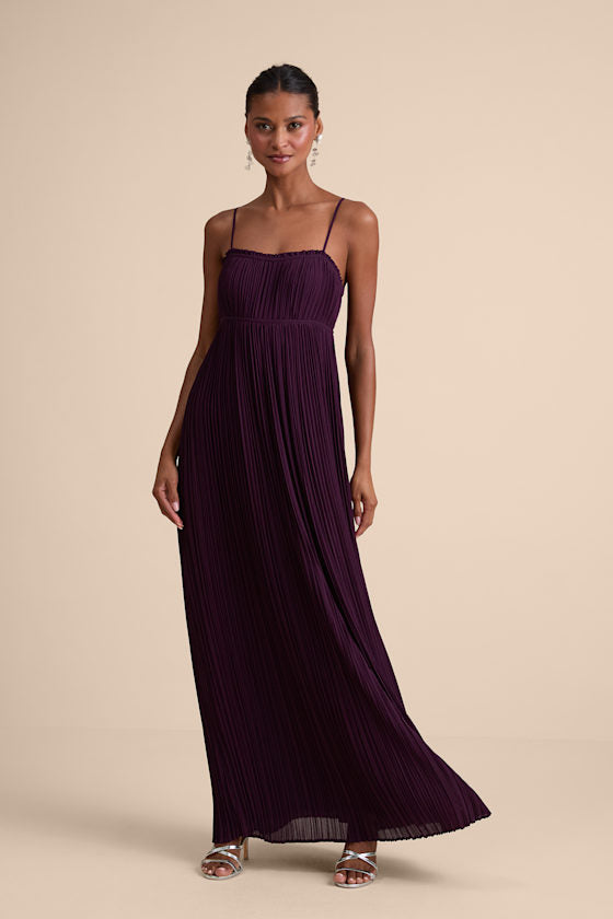 Delina Plum Plisse Chiffon Tie-Back Maxi Dress