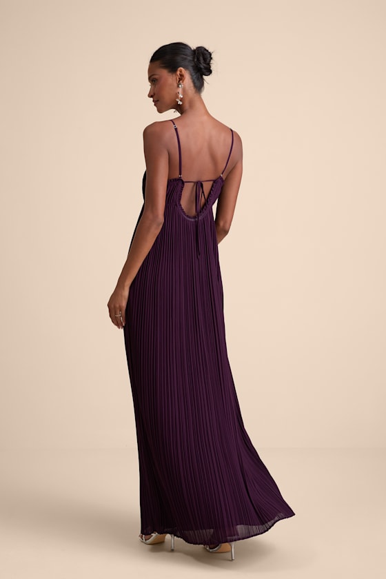 Delina Plum Plisse Chiffon Tie-Back Maxi Dress