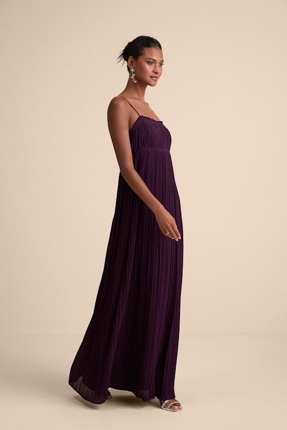 Delina Plum Plisse Chiffon Tie-Back Maxi Dress