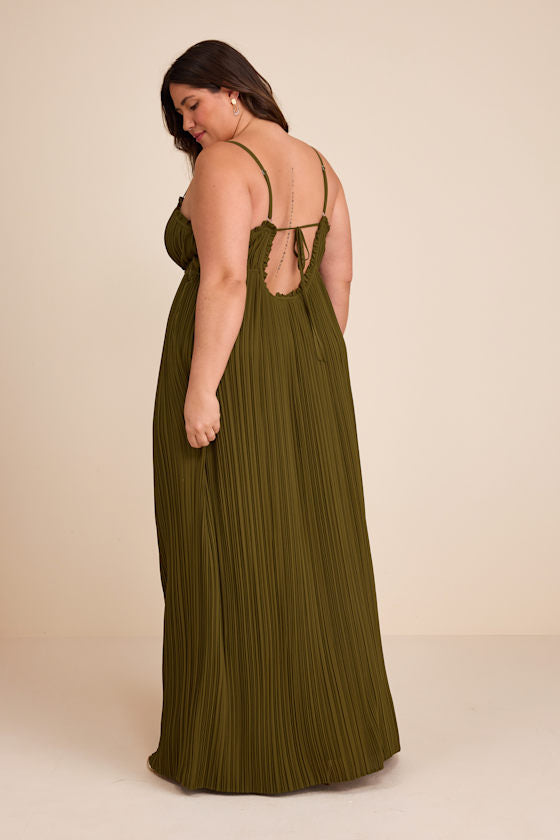 Delina Olive Plisse Chiffon Tie-Back Maxi Dress