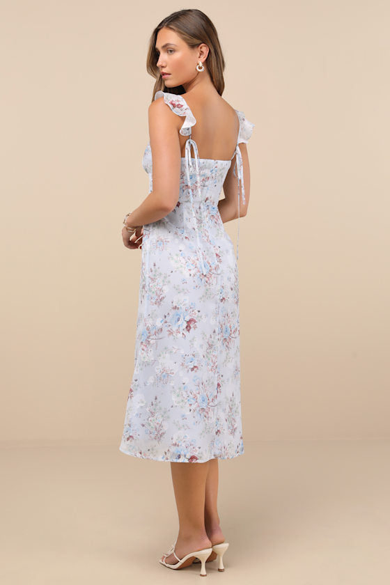 Delightful Direction Blue Floral Ruffled Tie-Strap Midi Dress