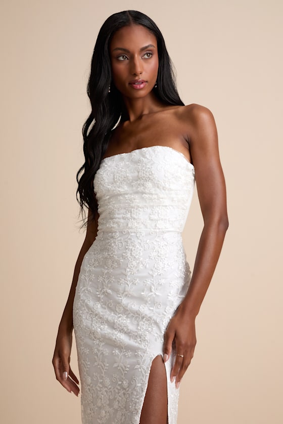 Tera White Floral Embroidered Strapless Midi Dress