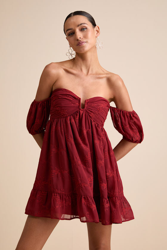 Cutest Icon Rust Red Embroidered Off-the-Shoulder Mini Dress