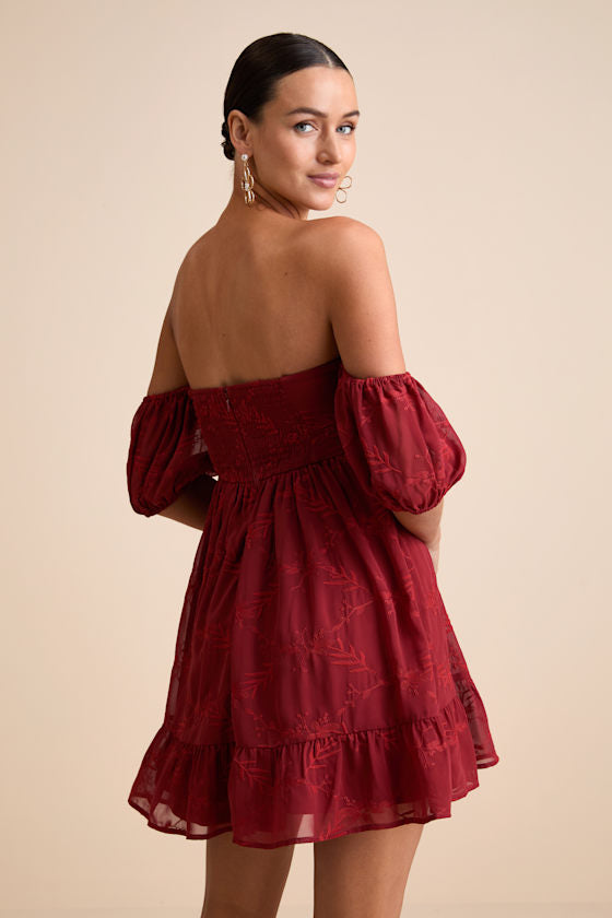 Cutest Icon Rust Red Embroidered Off-the-Shoulder Mini Dress