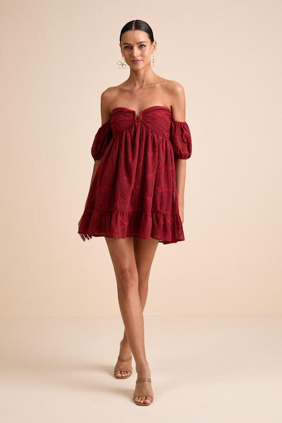 Cutest Icon Rust Red Embroidered Off-the-Shoulder Mini Dress