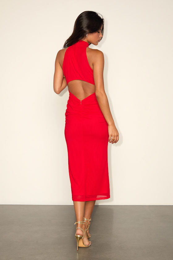 Audra Red Mesh Mock Neck Bodycon Midi Dress