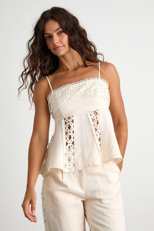 Vannah Ivory Linen Crochet Lace Tank Top