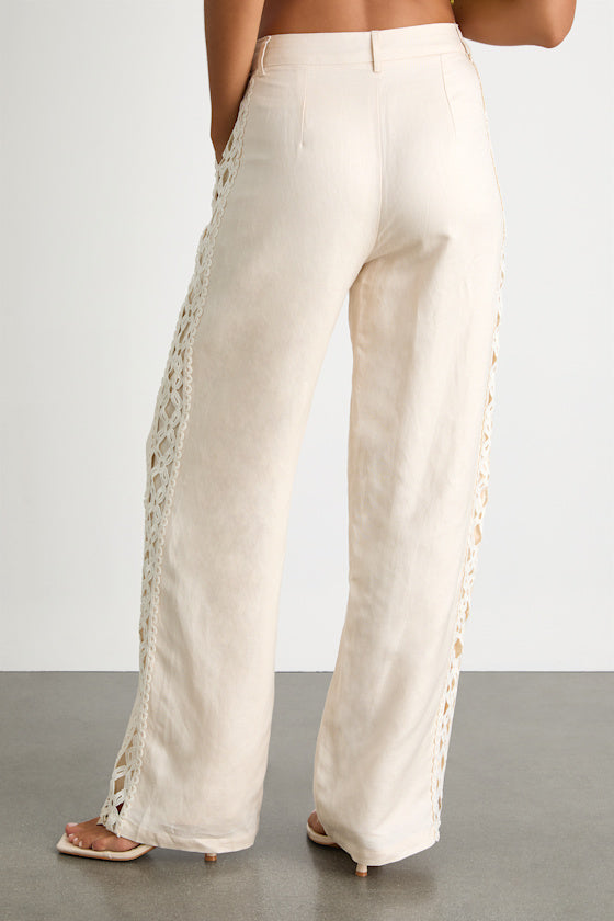 Vannah Ivory Linen Crochet Lace Wide-Leg Pants
