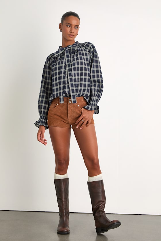 Hassie Navy Plaid Tie-Neck Button-Front Long Sleeve Top