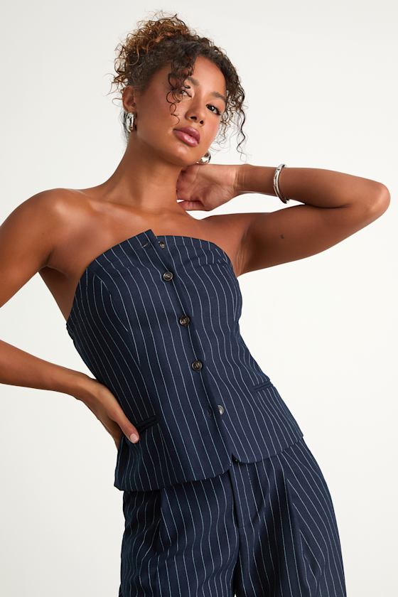 Rashana Navy Pinstriped Button-Front Strapless Top