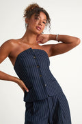 Rashana Navy Pinstriped Button-Front Strapless Top