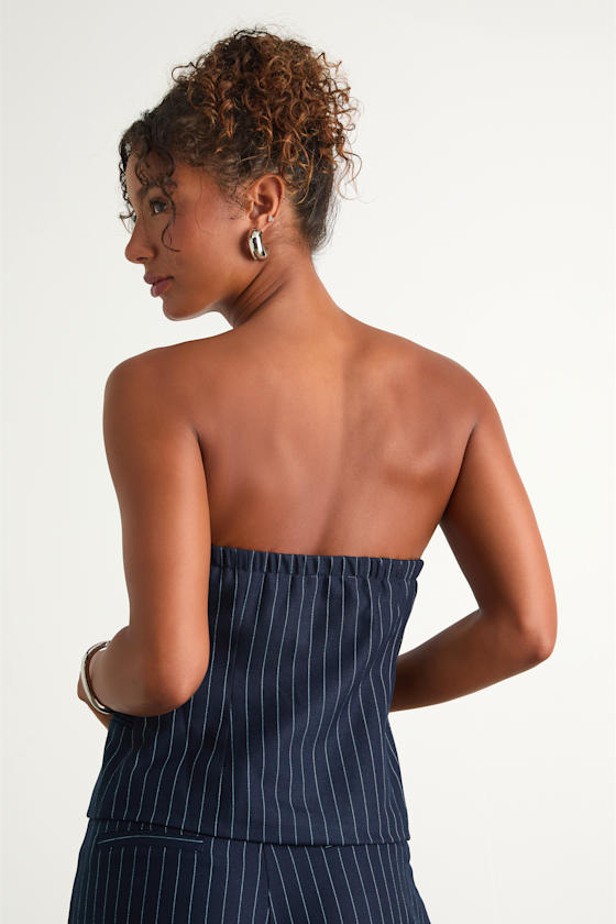 Rashana Navy Pinstriped Button-Front Strapless Top