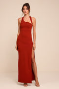 Unforgettable Rust Red Asymmetrical Halter Maxi Dress