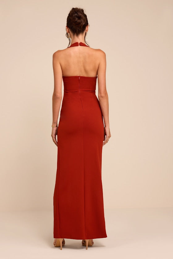 Unforgettable Rust Red Asymmetrical Halter Maxi Dress