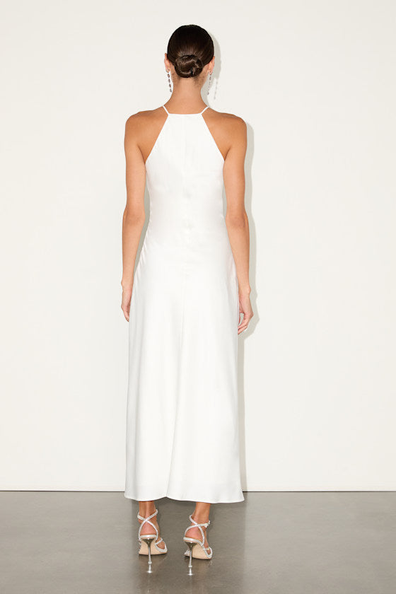 Elynne White Satin Cowl Neck Midi Dress