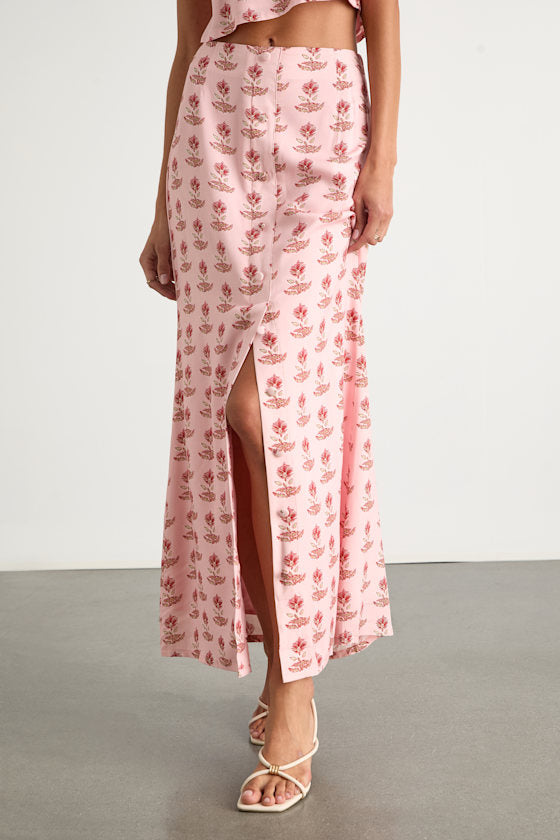 Chel Pink Boho Print Button-Front Maxi Skirt