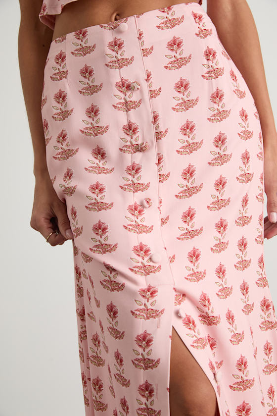 Chel Pink Boho Print Button-Front Maxi Skirt
