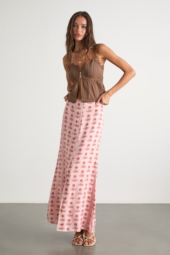 Chel Pink Boho Print Button-Front Maxi Skirt