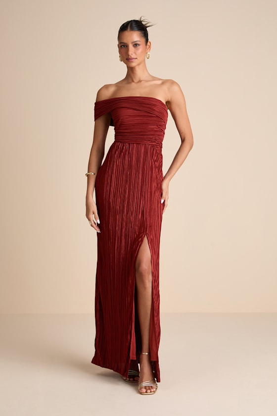 Poised Performance Rust Red Plisse One-Shoulder Maxi Dress