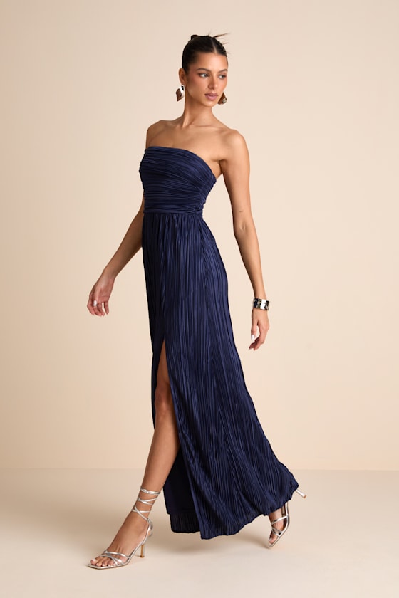 Poised Performance Navy Plisse One-Shoulder Maxi Dress