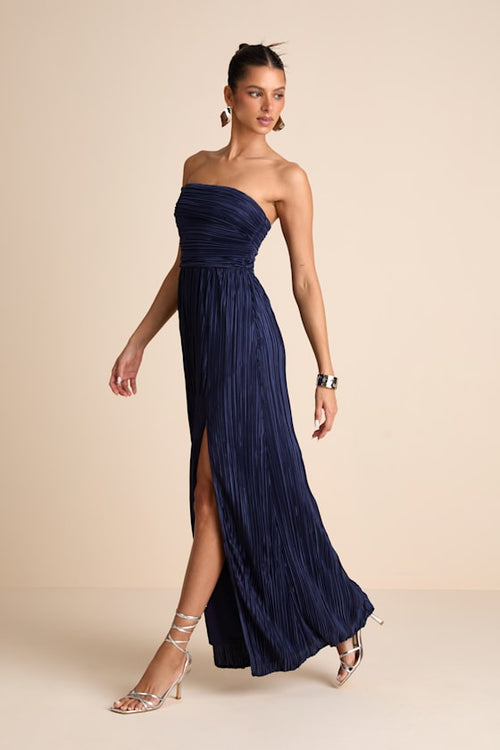 Poised Performance Navy Plisse One-Shoulder Maxi Dress