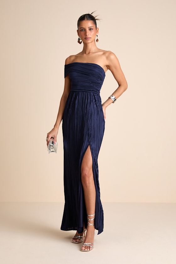 Poised Performance Navy Plisse One-Shoulder Maxi Dress