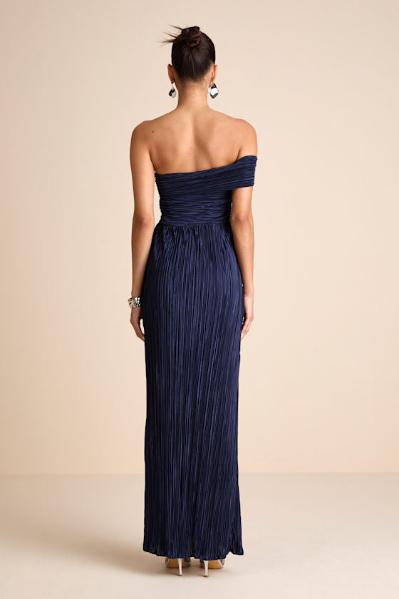 Poised Performance Navy Plisse One-Shoulder Maxi Dress