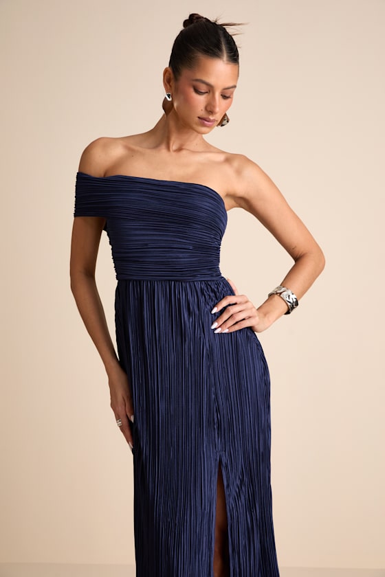 Poised Performance Navy Plisse One-Shoulder Maxi Dress