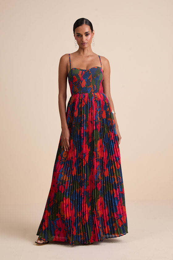 Kinleigh Red Multi Abstract Pleated Bustier Maxi Dress